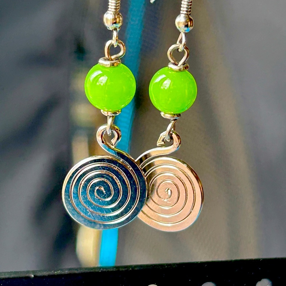 Silver and Green Spiral Earrings